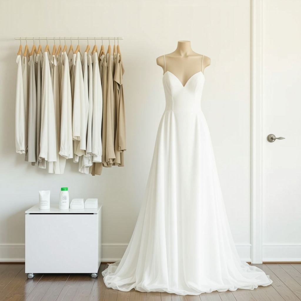 Silk wedding dress on mannequin in Tampa bridal preservation studio with eco-friendly supplies and climate-controlled storage