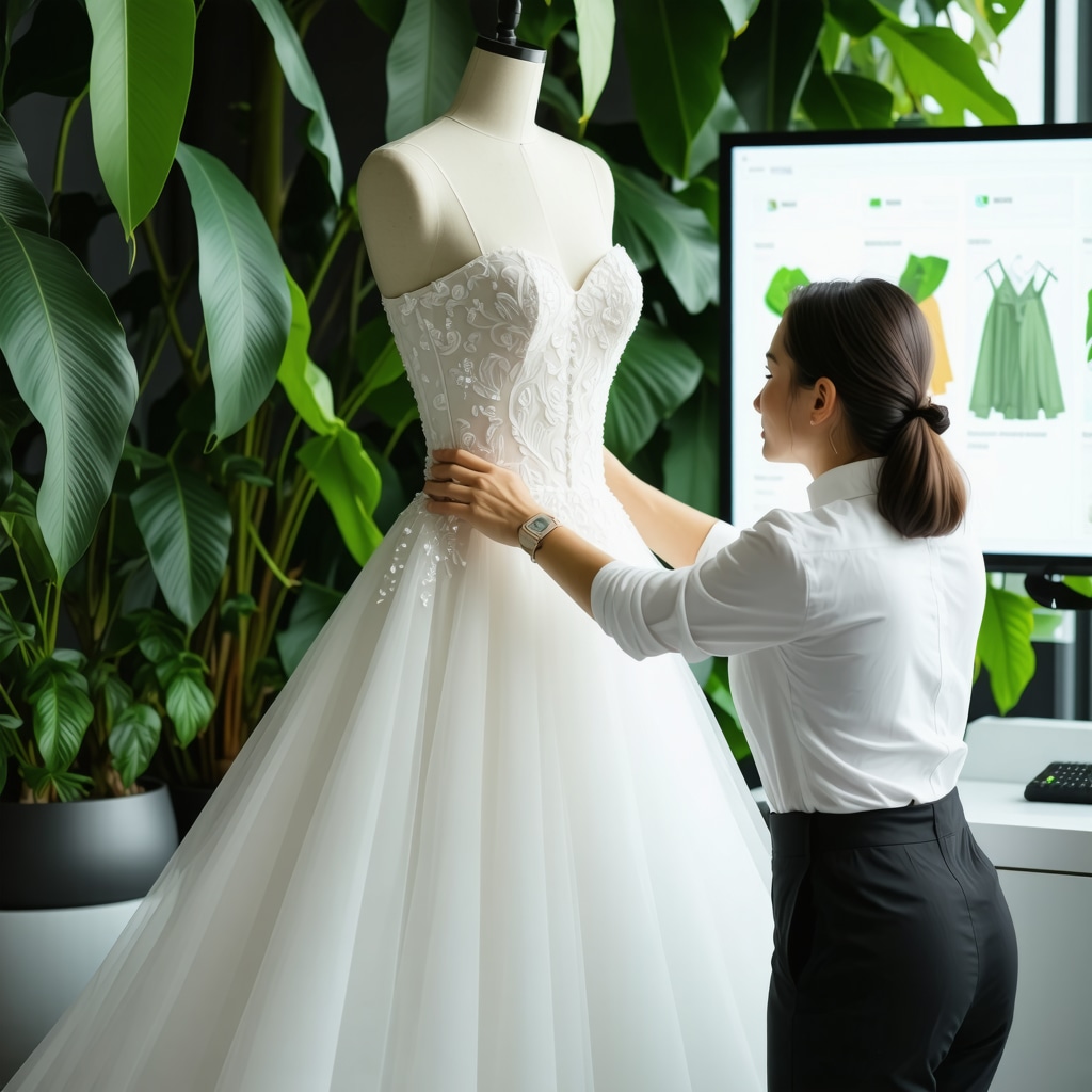 Specialist using AI-driven fabric scanner for eco-friendly wedding dress cleaning in Tampa