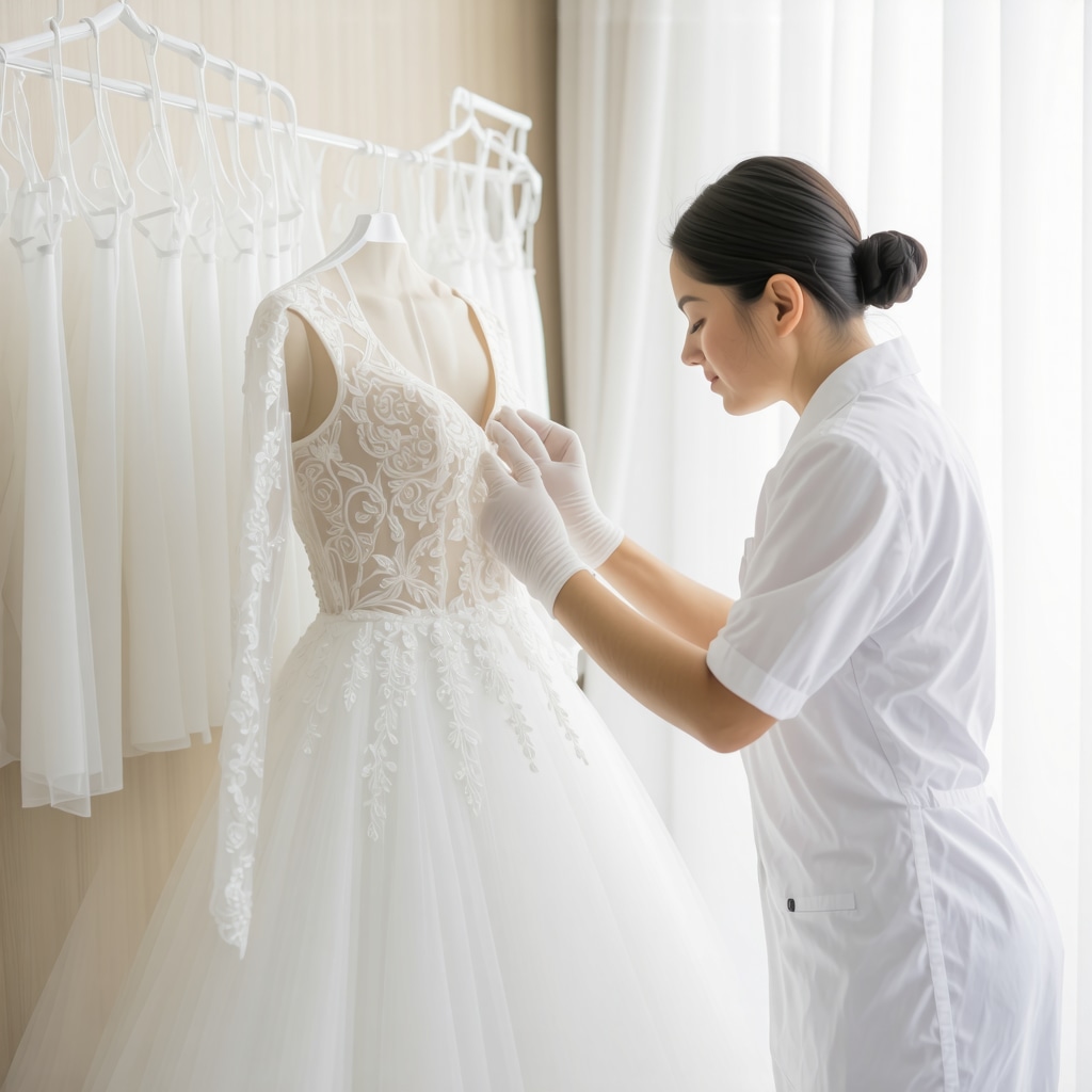 Technician gently cleaning silk and lace wedding dress in Tampa using ultrasonic cleaner and green solvents
