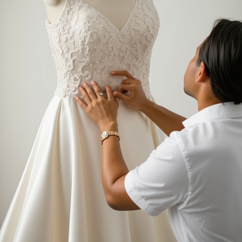 Specialist analyzing wedding dress with multispectral imaging technology for precise stain removal in Tampa
