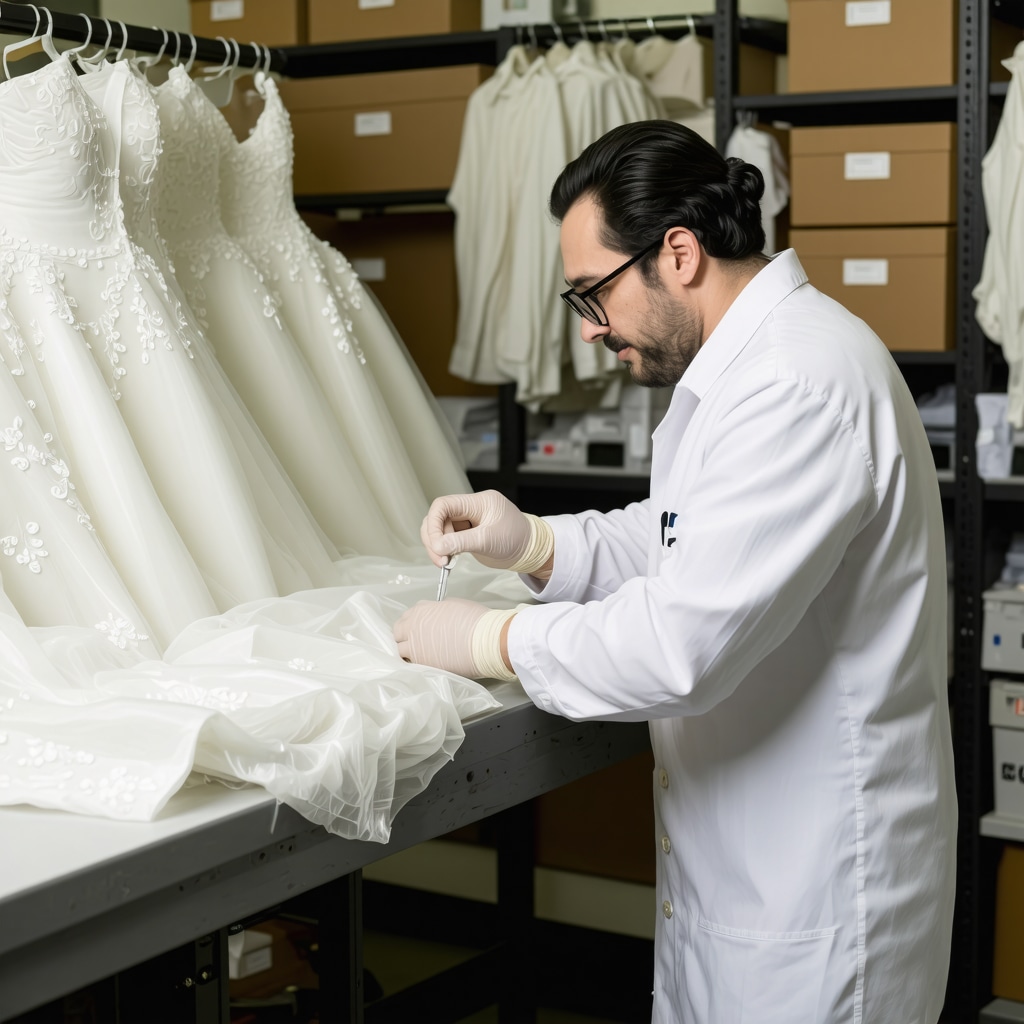 Specialist analyzing wedding gown fabric with spectroscopy and preservation materials in Tampa