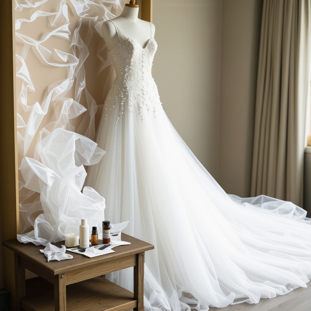 Bridal gown in climate-controlled preservation box with eco-friendly cleaning and restoration tools nearby