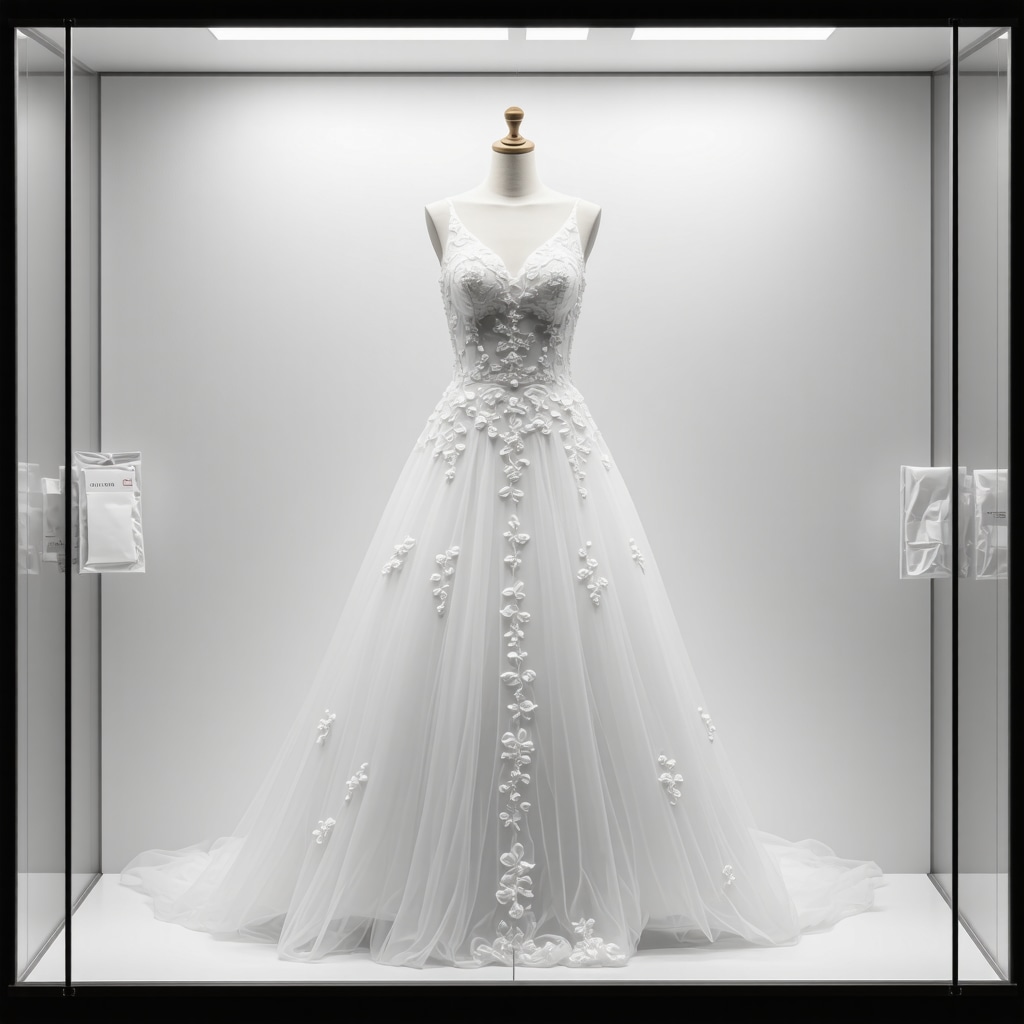 Wedding gown in a preservation box with acid-free tissue and humidity control