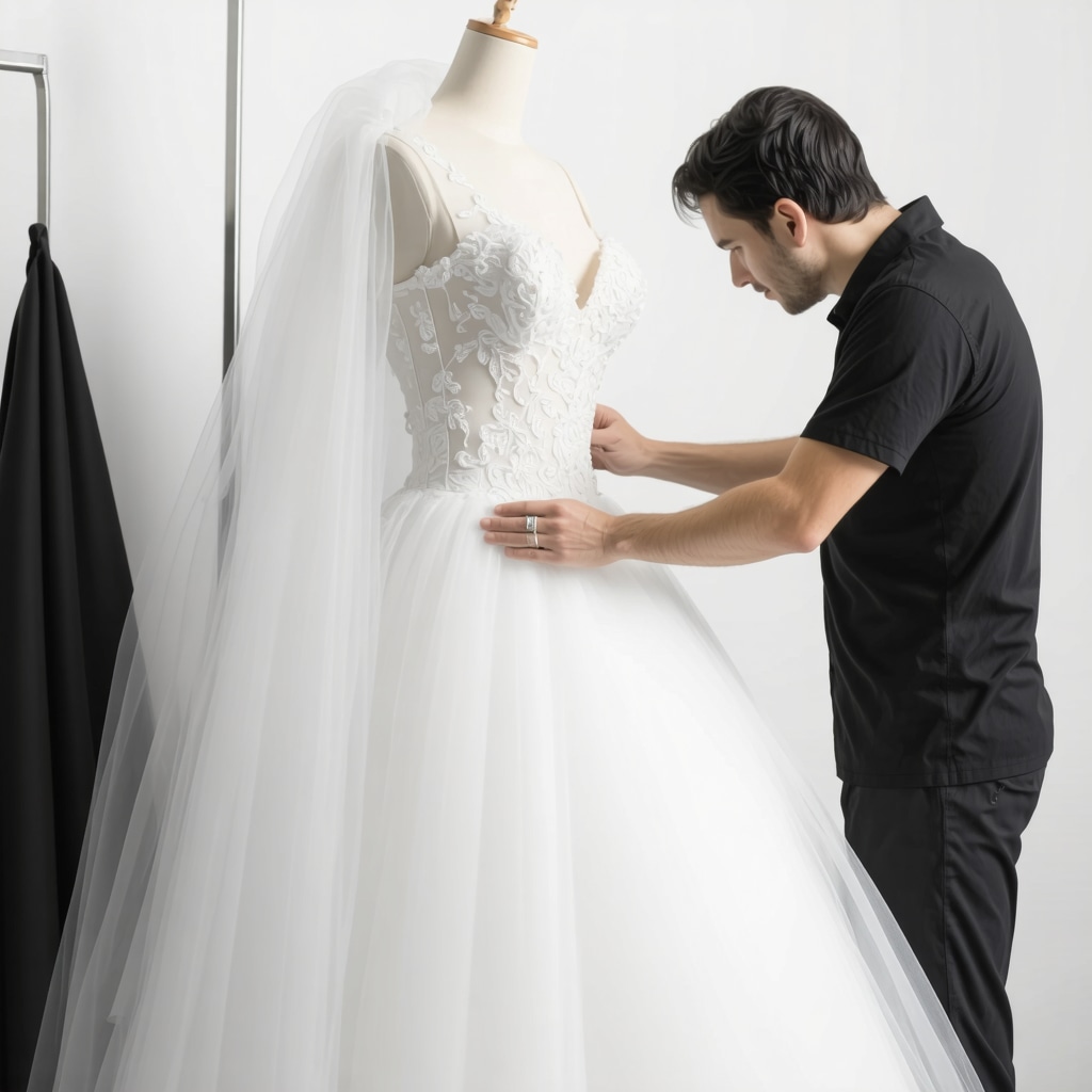 Professional conservator examining a delicate wedding dress using specialized cleaning equipment