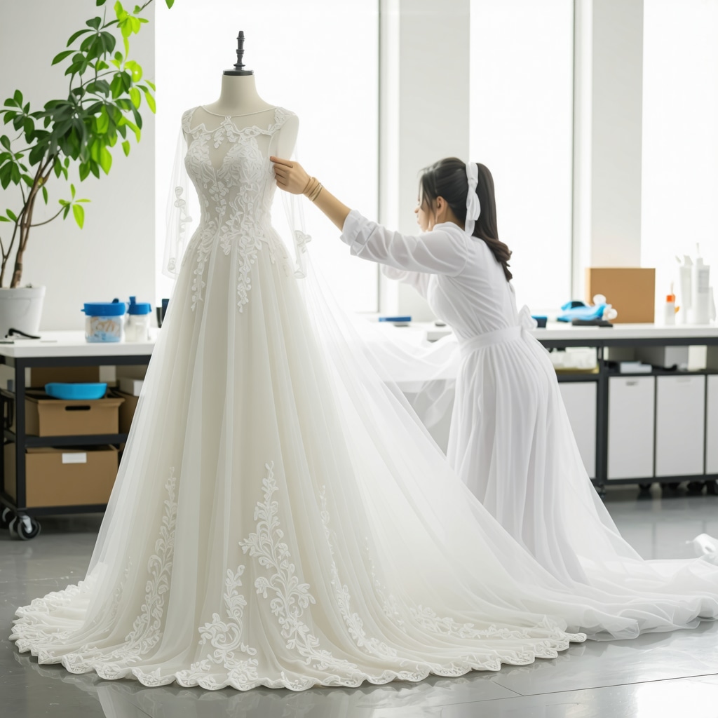 Skilled conservator carefully restoring vintage wedding dress with eco-friendly tools in Tampa