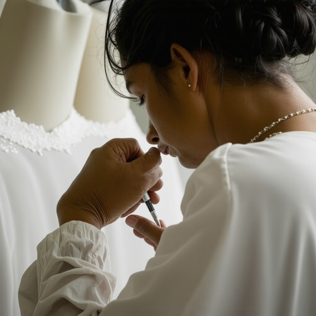 Expert restoring delicate vintage wedding gown with nanocellulose gels and fiber repair tools in Tampa workshop