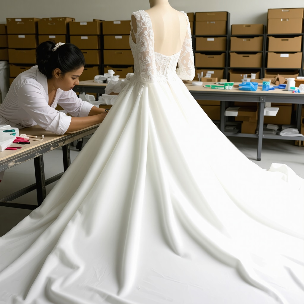 Professional textile conservator restoring vintage wedding gown in a climate-controlled studio
