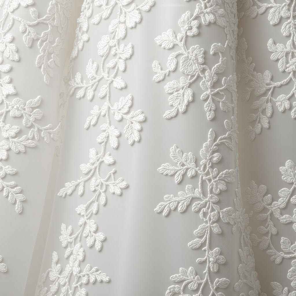 Microscopic close-up of vintage wedding dress lace and fibers emphasizing preservation