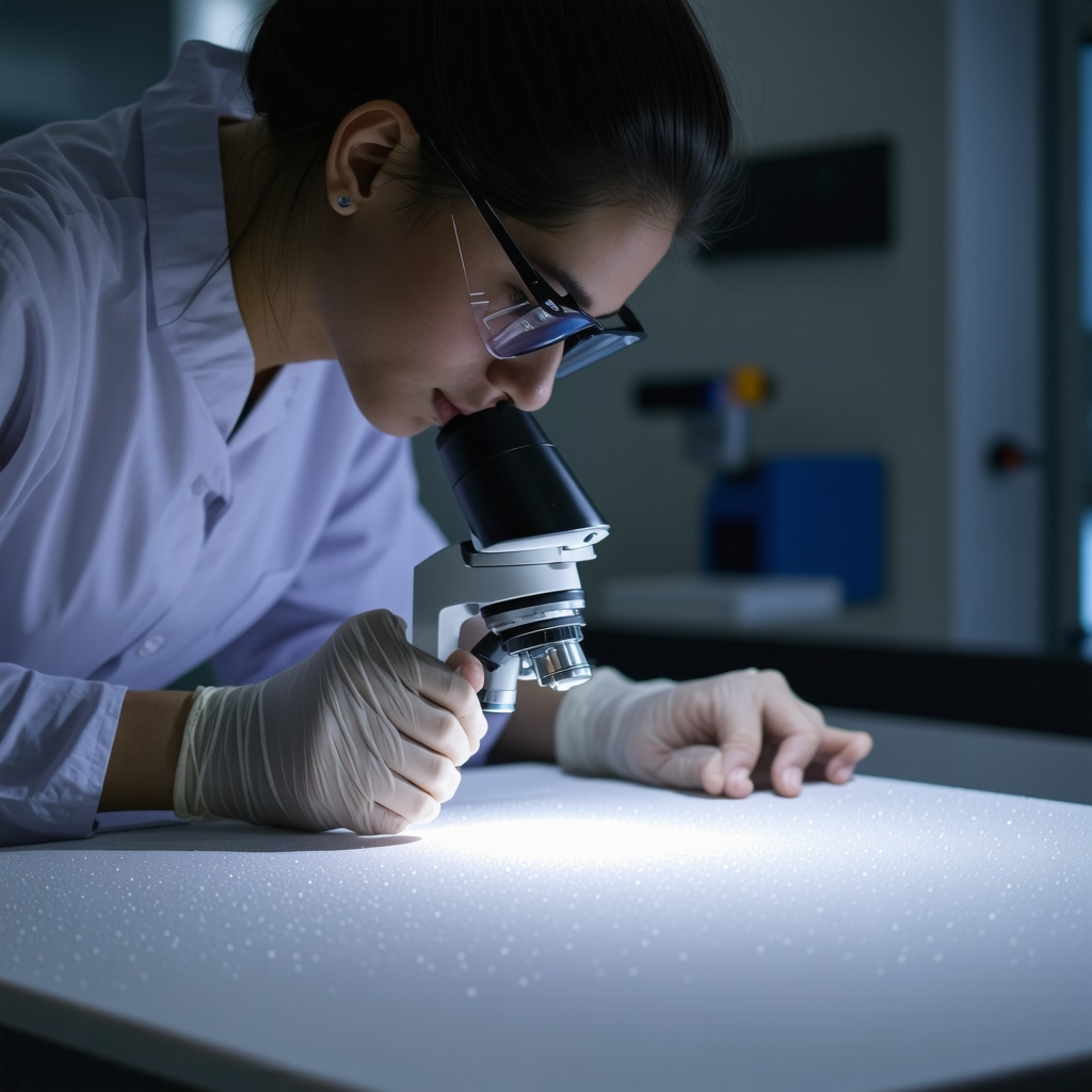 Scientist examining wedding dress fabric under polarized light microscope