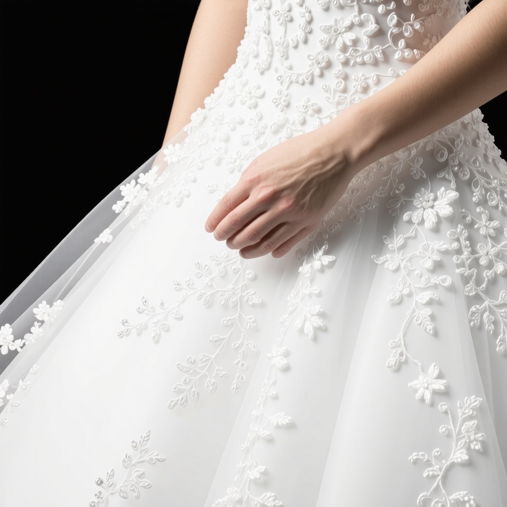 Close-up of bridal gown fabric undergoing ultrasonic cleaning showing lace and beadwork detail