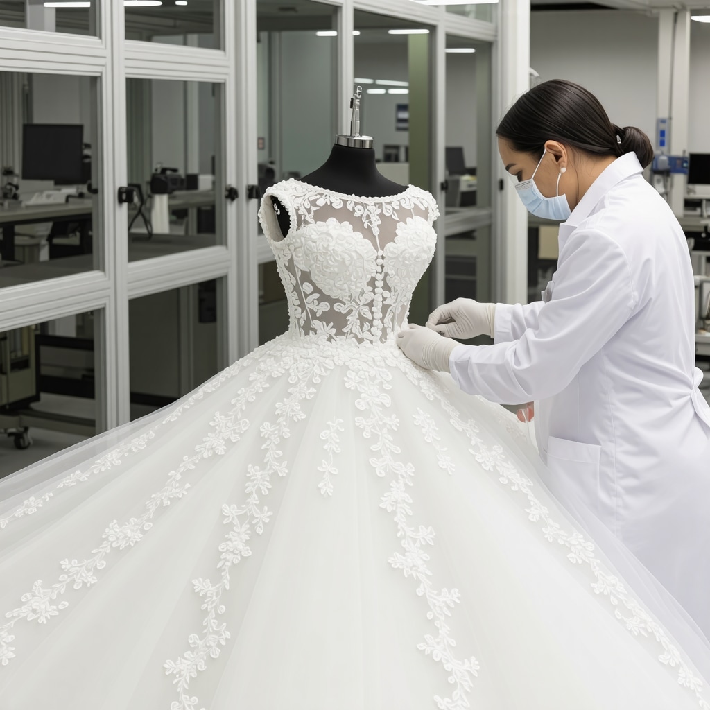 Textile conservator performing ultrasonic cleaning on delicate lace wedding gown