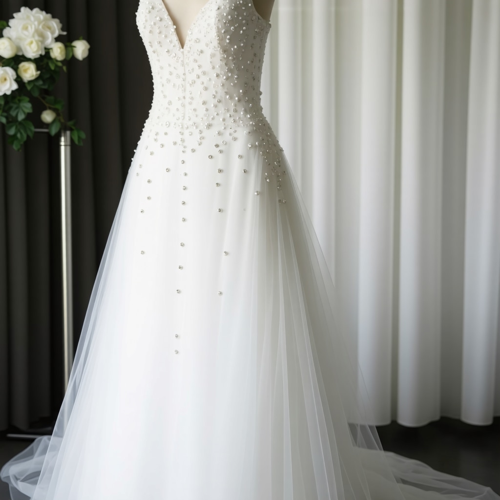 Professional ultrasonic cleaning of a delicate Tampa bridal gown with intricate beadwork using eco-friendly techniques
