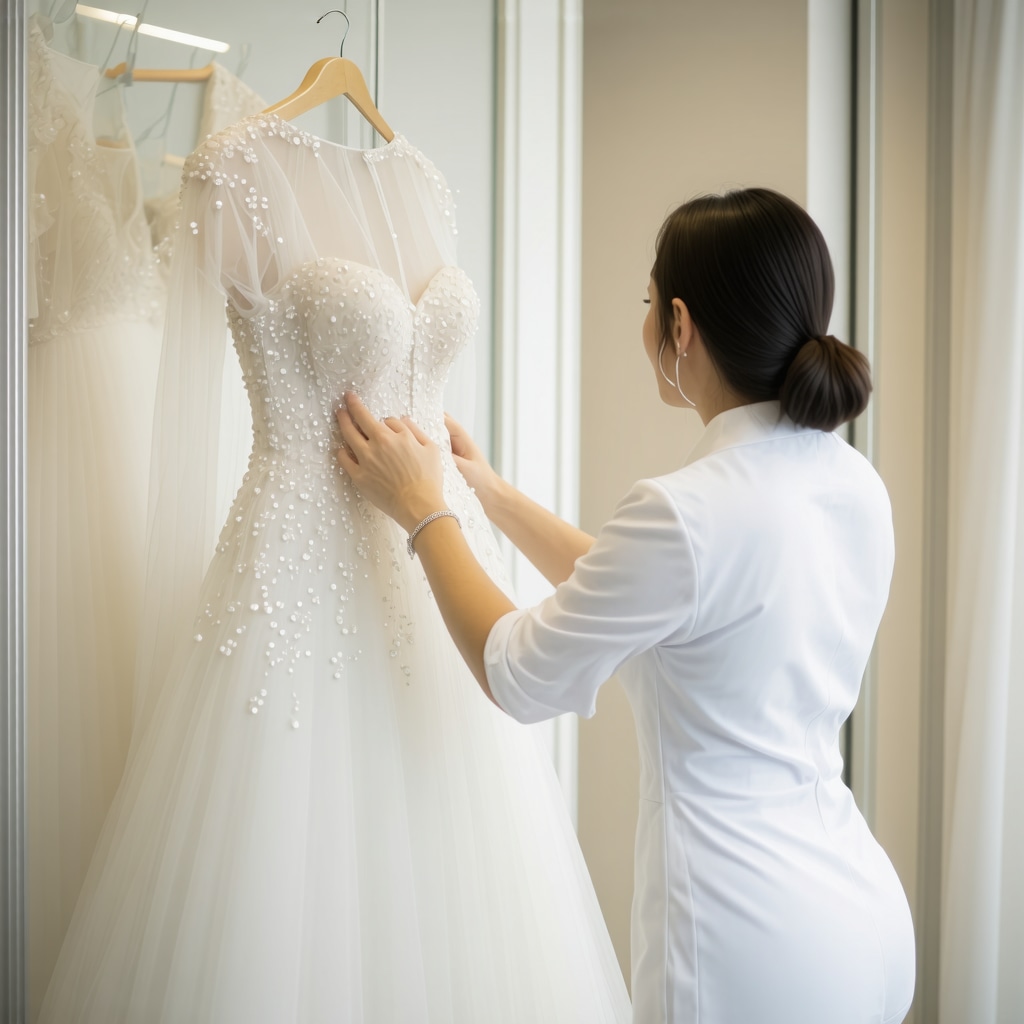 Technician performing ultrasonic cleaning on delicate wedding dress with beadwork and lace