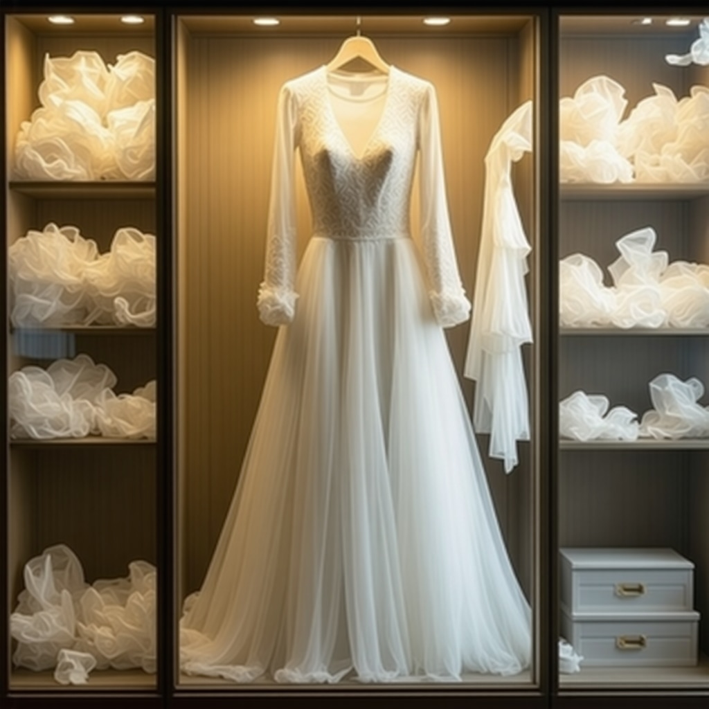 Vintage wedding dress preserved in climate-controlled archival box with eco-friendly materials