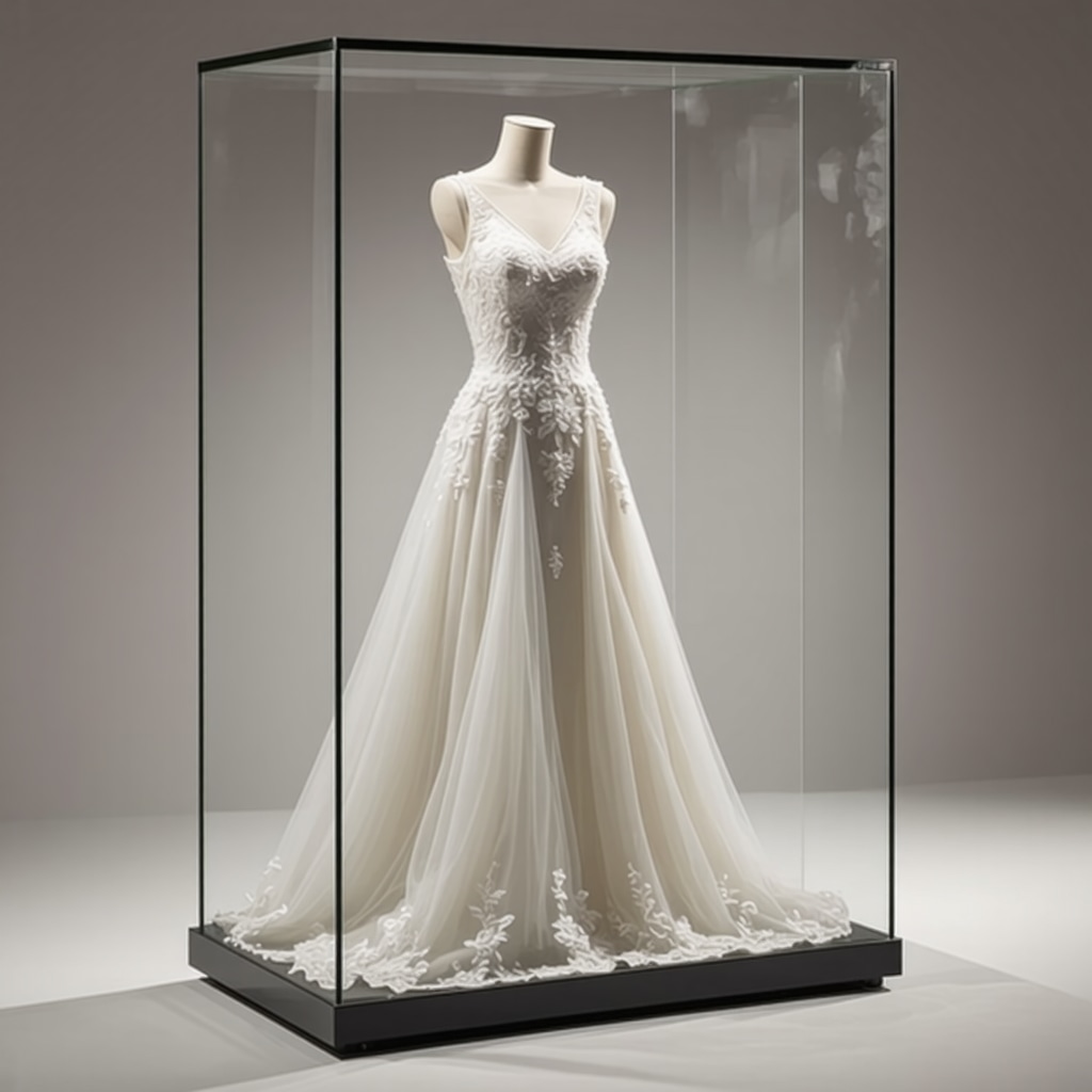Elegant wedding dress preserved in a UV-filtering glass display case showing fine lace and bead details