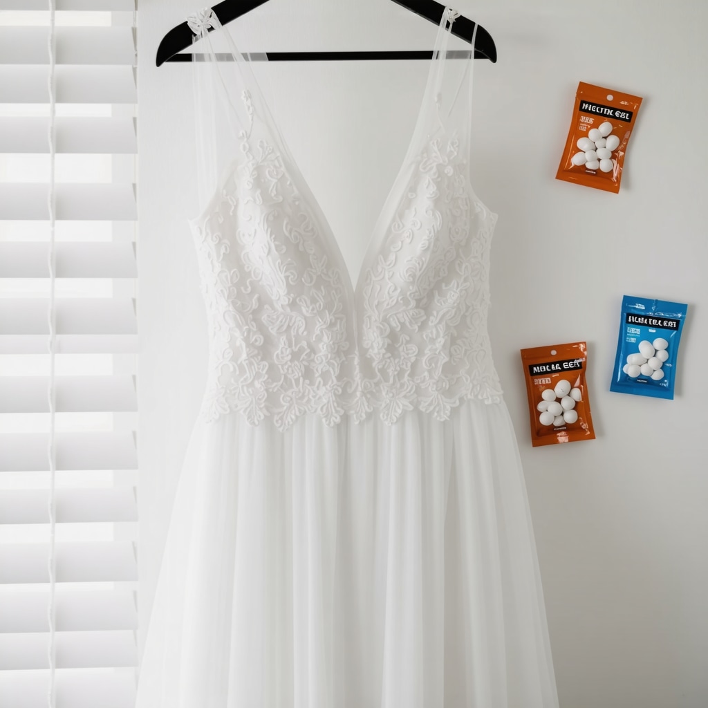Delicate white wedding dress hanging with silica gel packets in Tampa closet