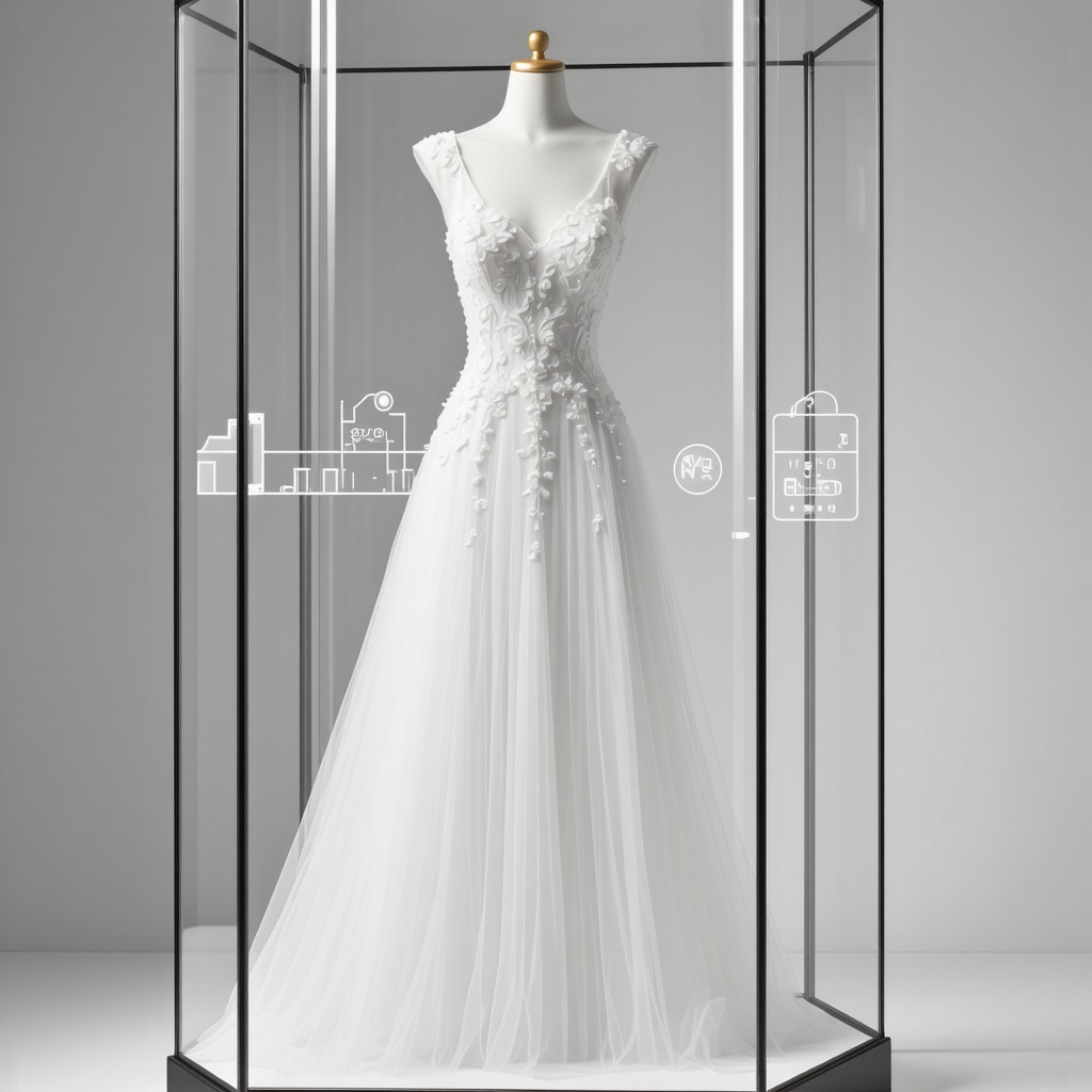 Wedding gown in UV-protective glass case with IoT environmental monitoring devices