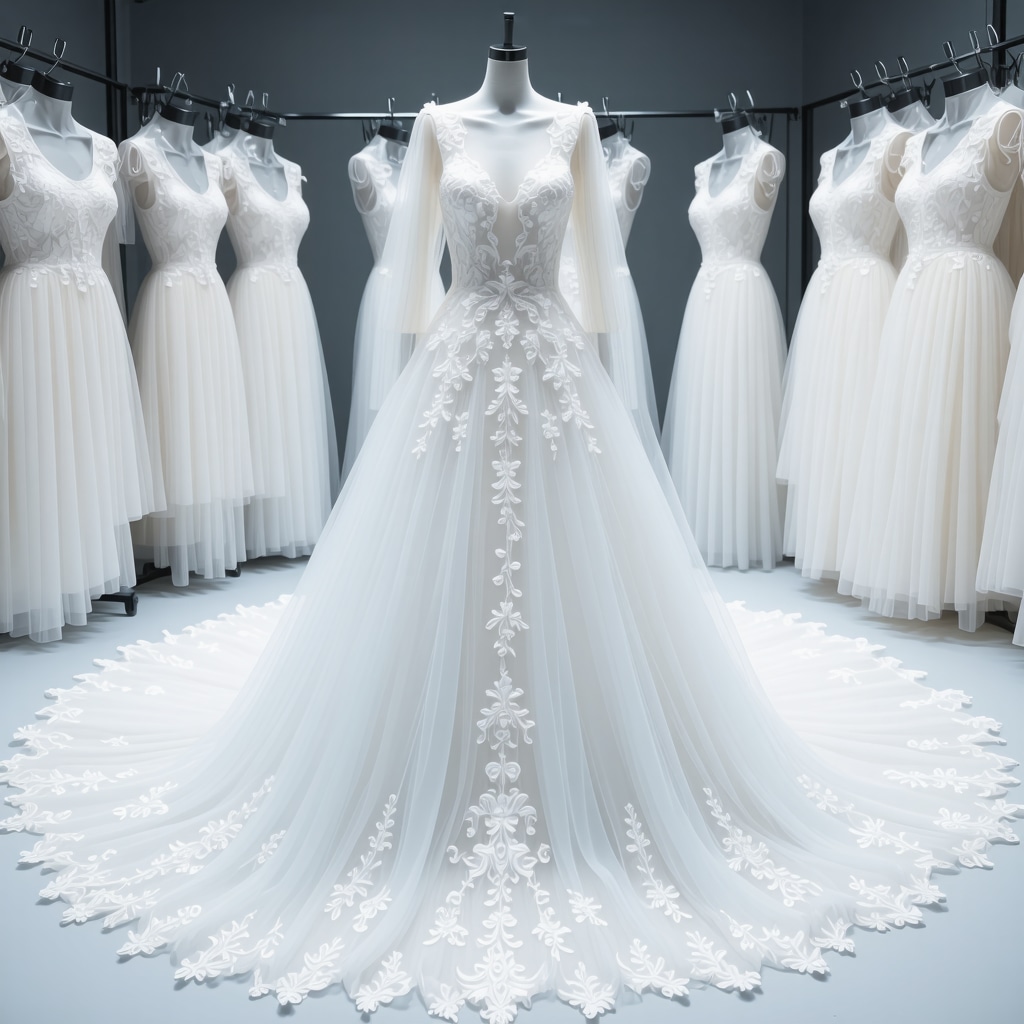 Conservator using AI imaging device on a wedding gown in a high-tech lab.