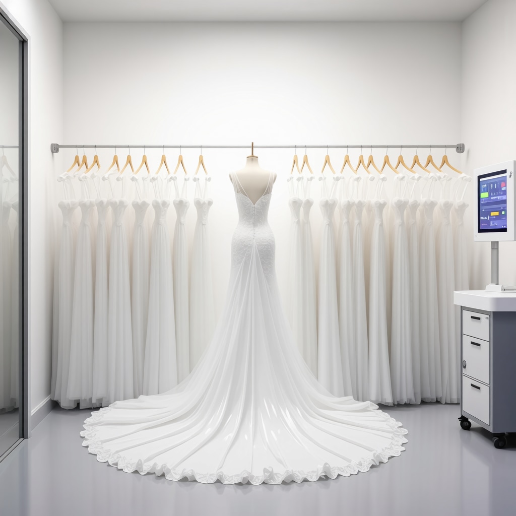 Modern lab with AI diagnostics and humidity sensors analyzing wedding dresses for same day cleaning in Tampa
