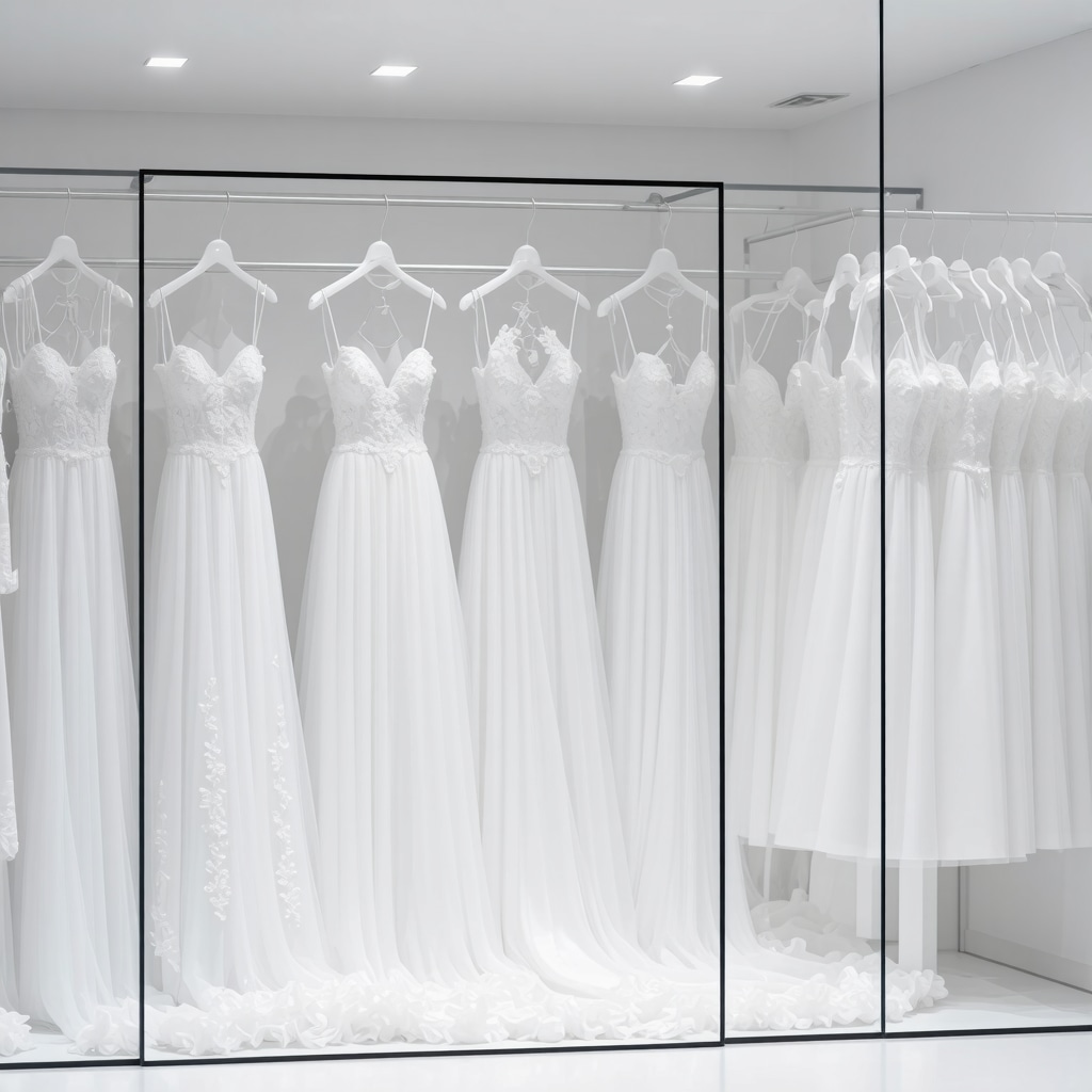 AI-powered imaging equipment analyzing bridal gowns with UV-resistant storage in a controlled lab setting
