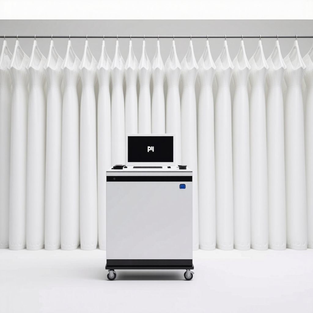 Advanced AI technology analyzing wedding gown fabric in a professional cleaning environment