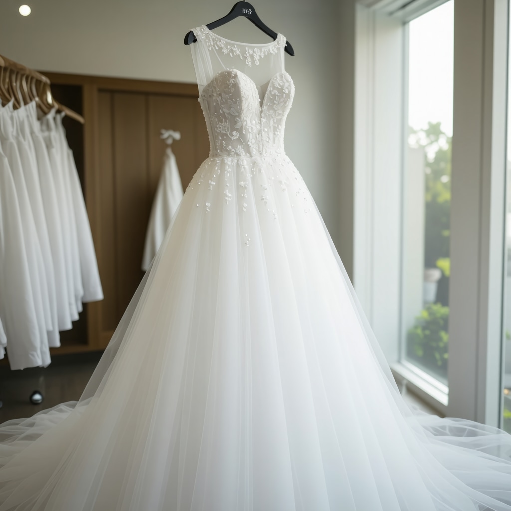 Wedding dress being scanned with AI technology for stain detection in Tampa bridal cleaning lab
