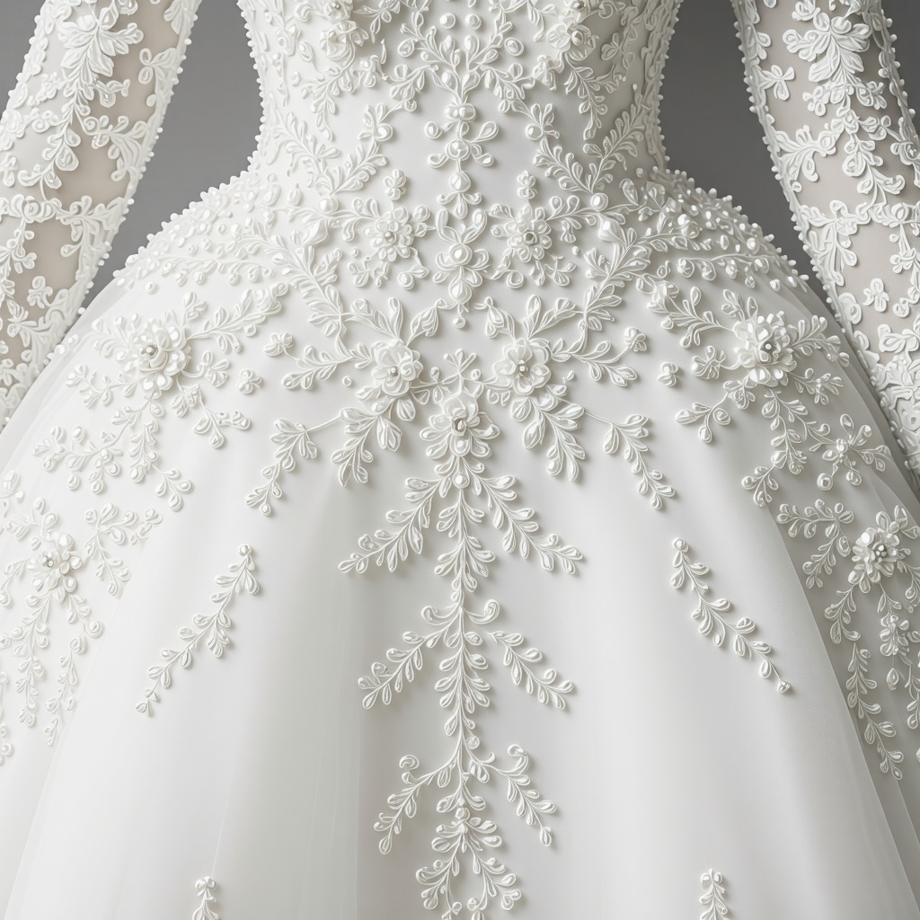 Detailed 3D scan of vintage wedding gown fabric and beadwork in a conservation lab.
