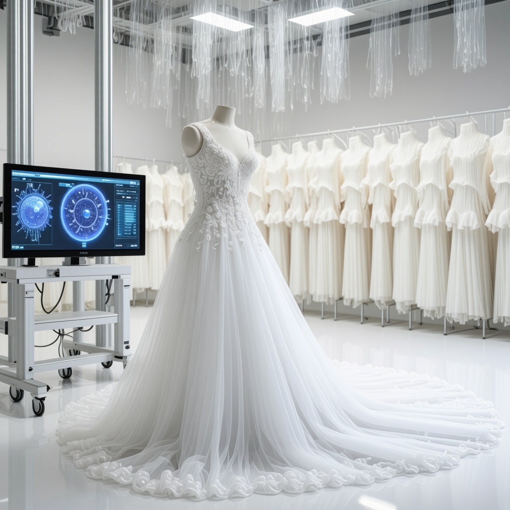 High-tech bridal gown conservation lab with AI diagnostics and biotechnology cleaning tools