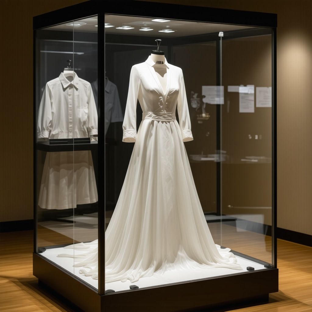 Showcase of microclimate-controlled display case protecting a wedding gown from Tampa's humidity