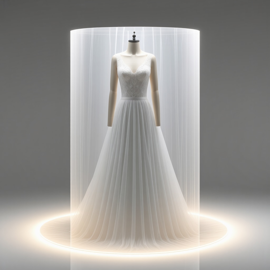Bridal gown inside a climate-controlled archival box with nanotechnology protective coating illustration