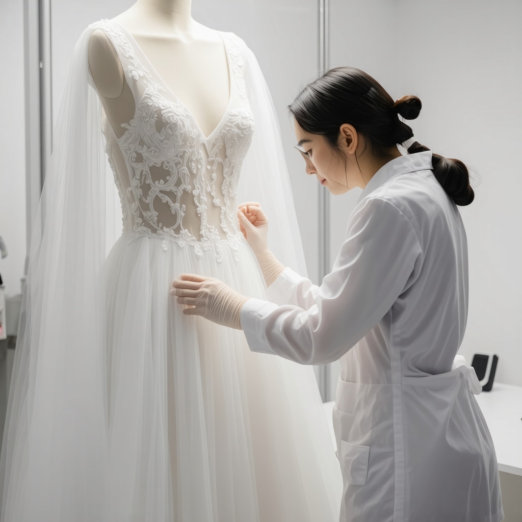 Conservator analyzing delicate bridal gown fabric with specialized equipment in a preservation studio