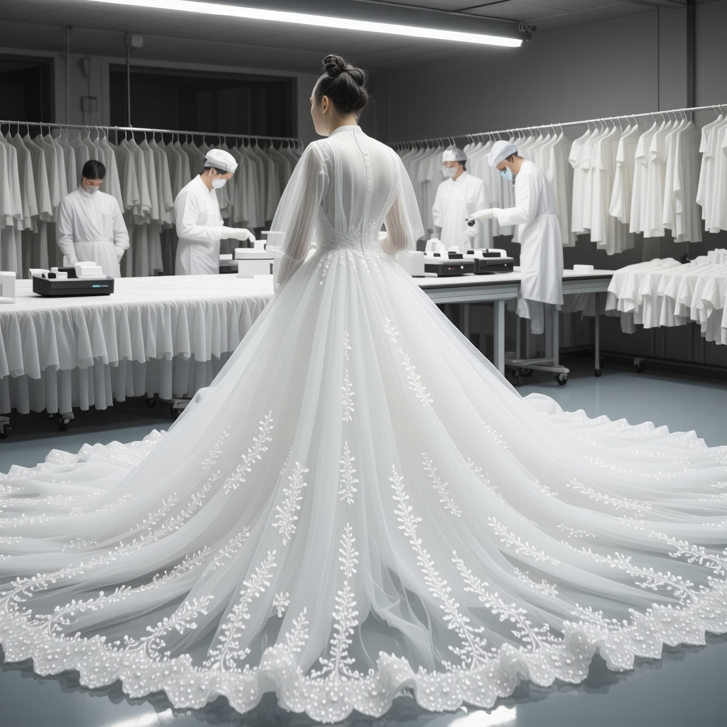 Experts performing laser cleaning on a delicate wedding gown with nanotechnology protective overlays in a textile conservation lab
