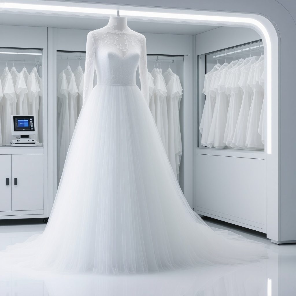 Laboratory setting with spectroscopic equipment analyzing wedding dress fabric and nanotechnology-based preservation materials
