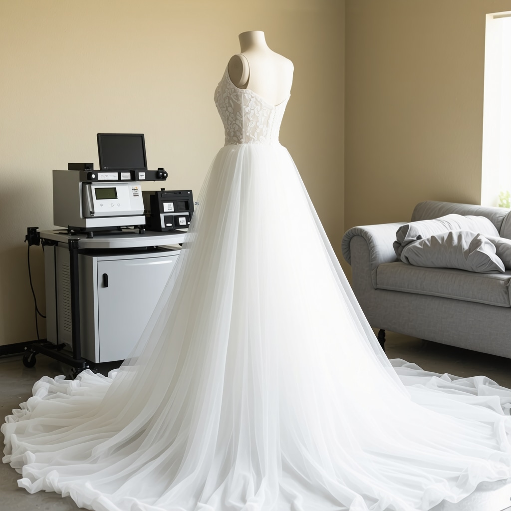 Wedding dress cleaner analyzing vintage gown with spectroscopic equipment and eco-friendly cleaning solvents in Tampa studio