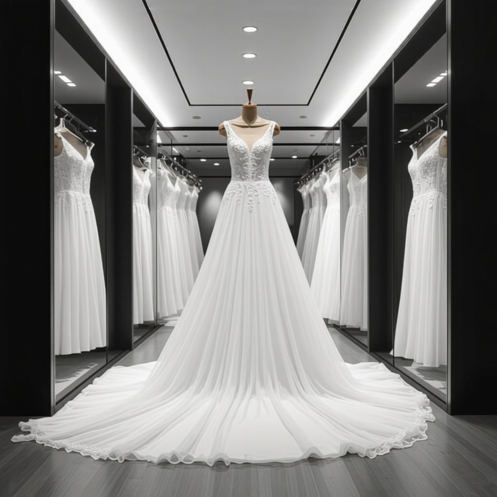 High-tech eco-friendly wedding dress care lab with nanotechnology and AI climate control