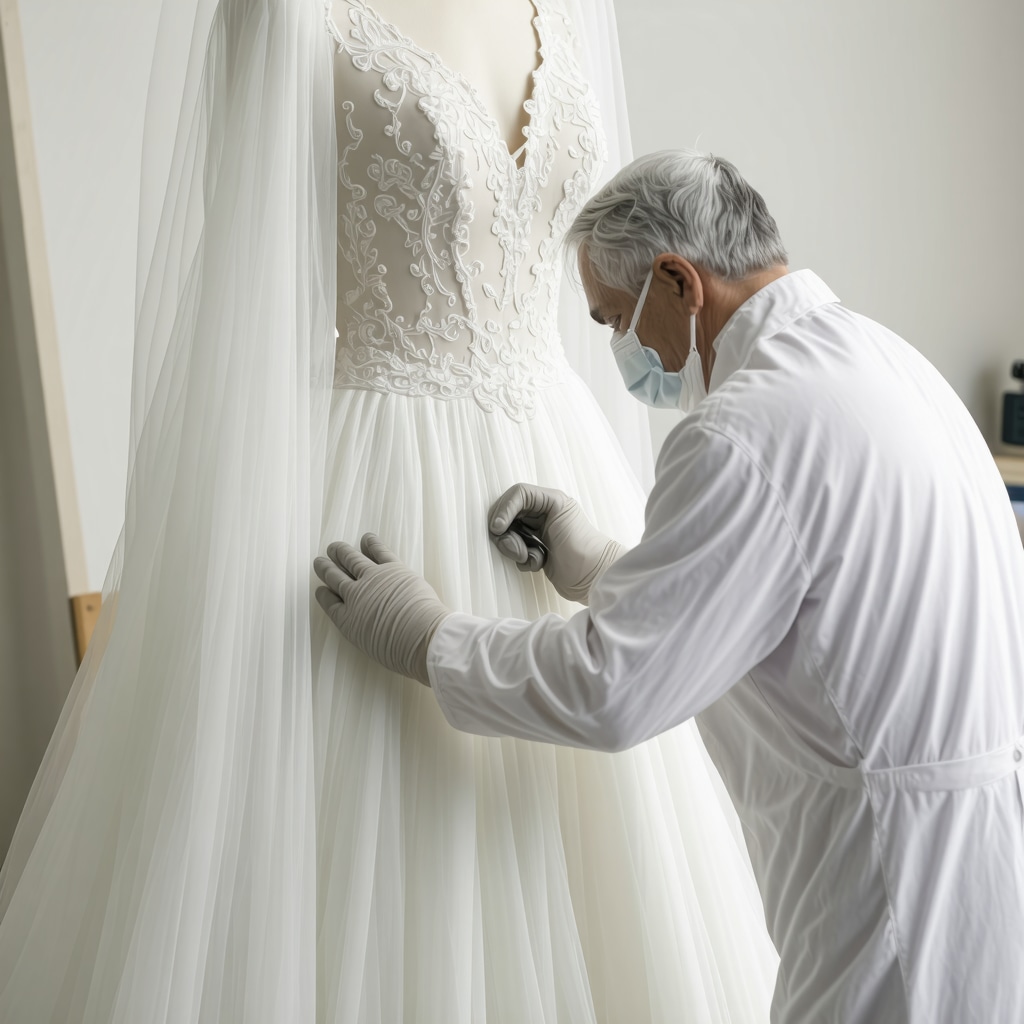 Conservator applying laser cleaning to a vintage wedding dress in a high-tech studio.