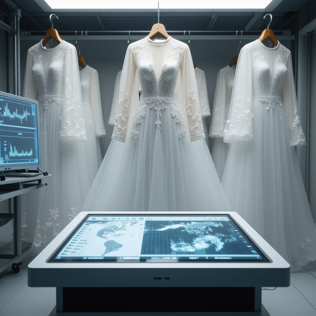 Textile conservation lab with AI analytics, spectroscopic devices, and smart packaging for wedding dresses