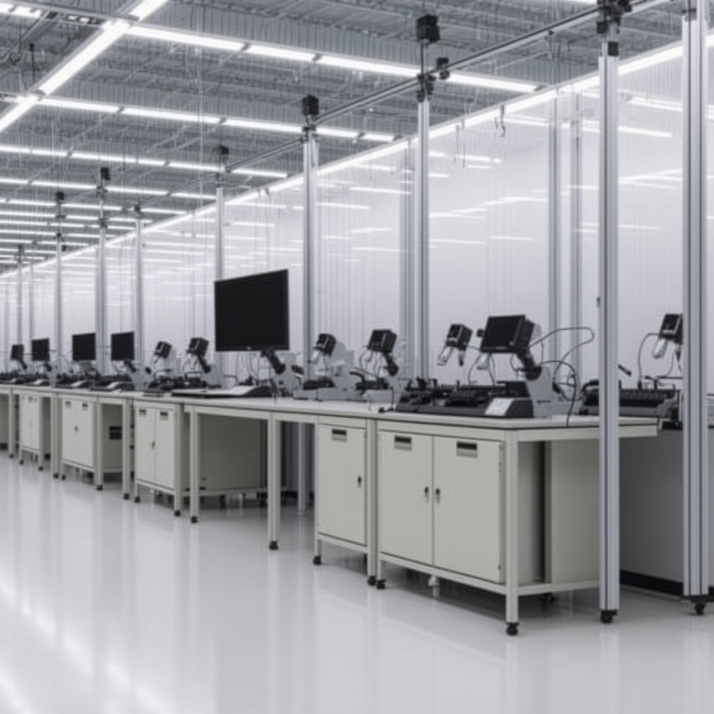 Modern textile conservation lab with climate control systems and fabric analysis equipment
