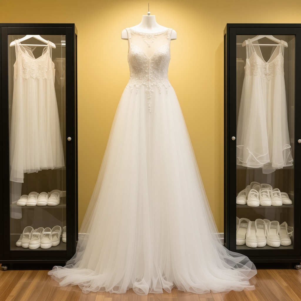 Bridal gown preservation materials including acid-free boxes and UV-protective covers in a climate-controlled studio
