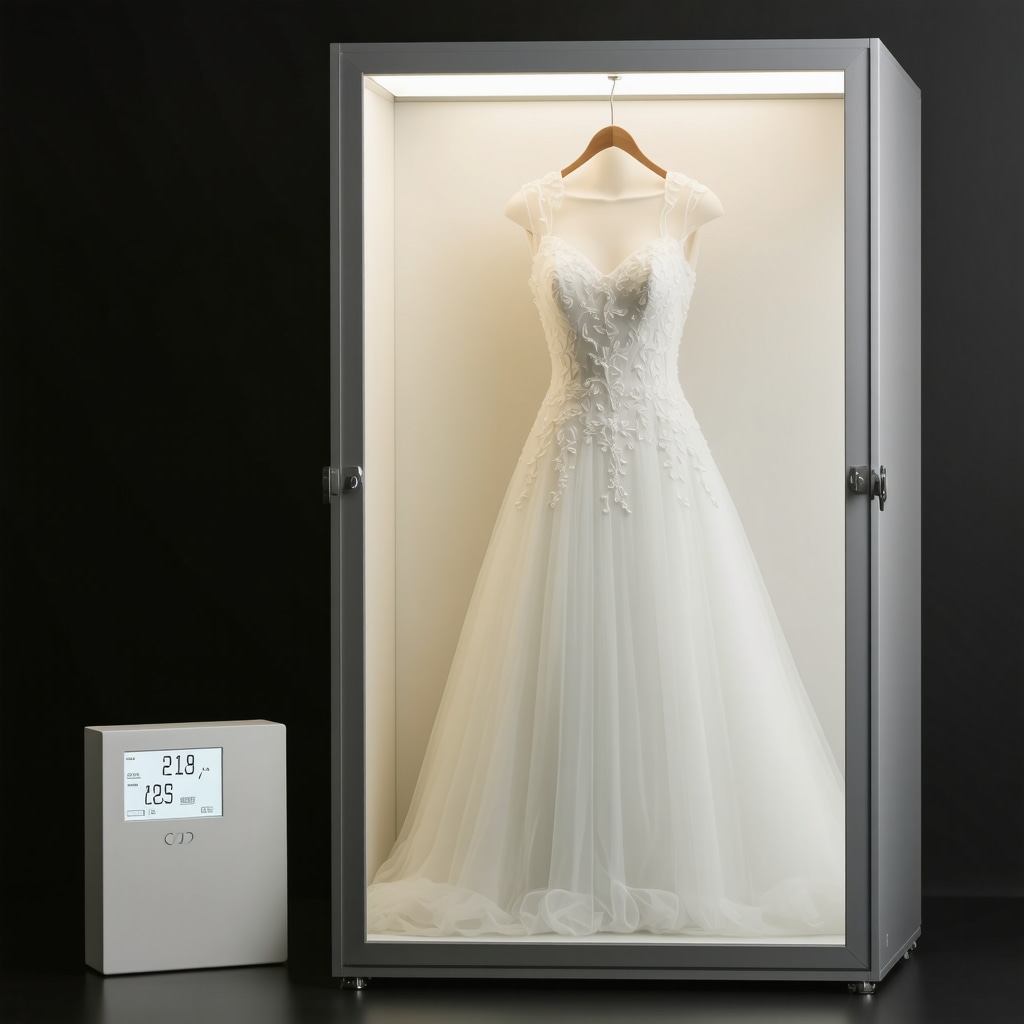 Wedding gown stored in acid-free box with hygrometer and temperature sensor indicating climate control