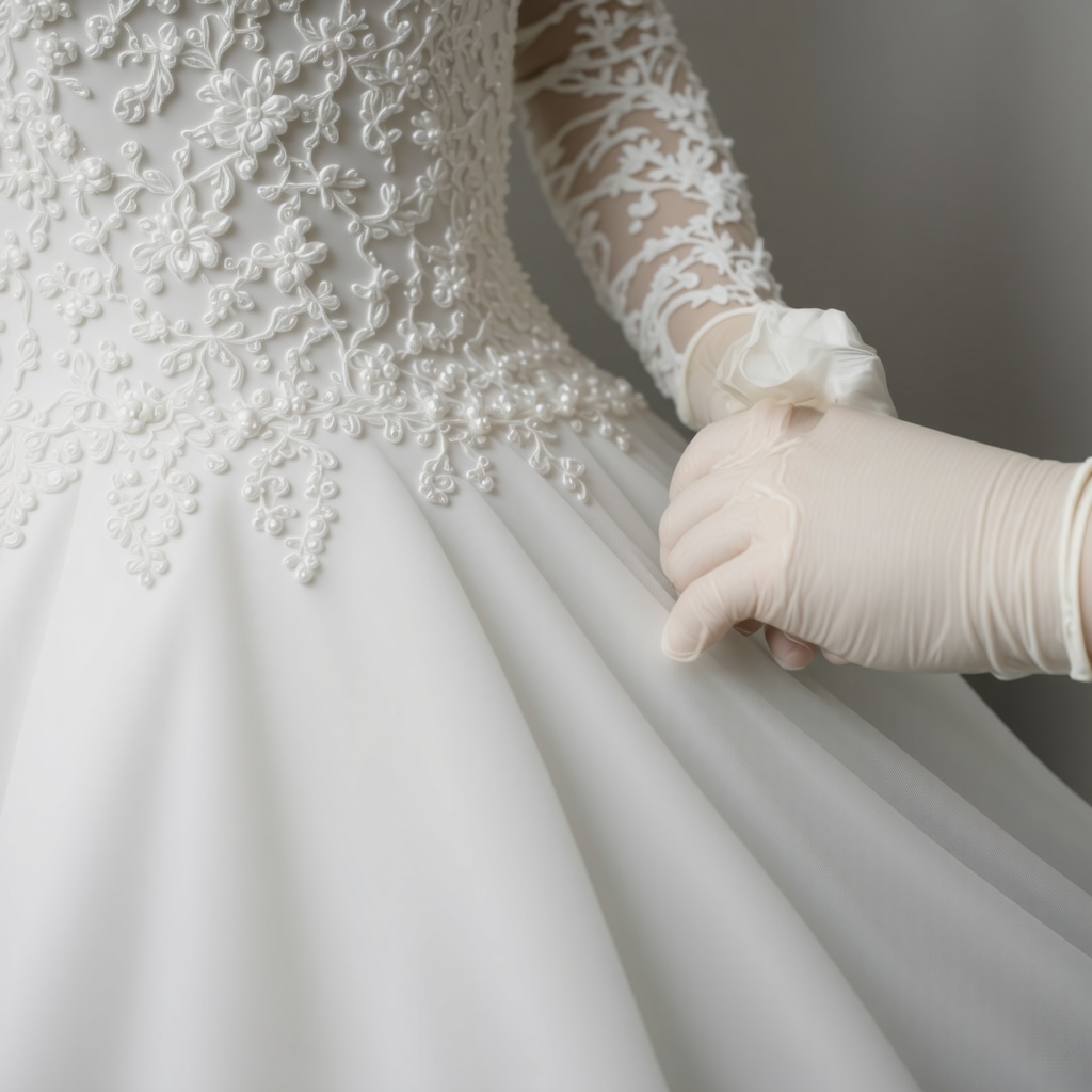 A professional using ultrasonic cleaning equipment on a vintage wedding gown