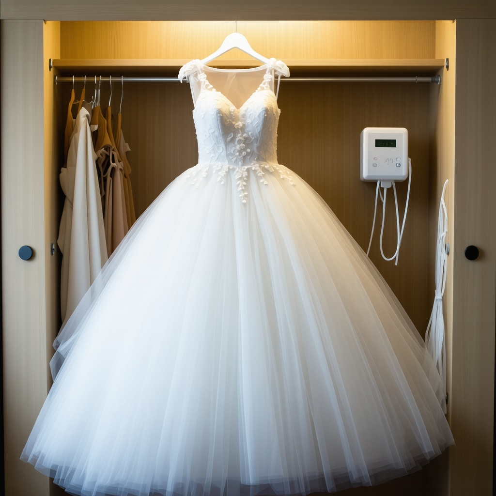 Wedding gown stored in eco-friendly preservation box with climate control in background