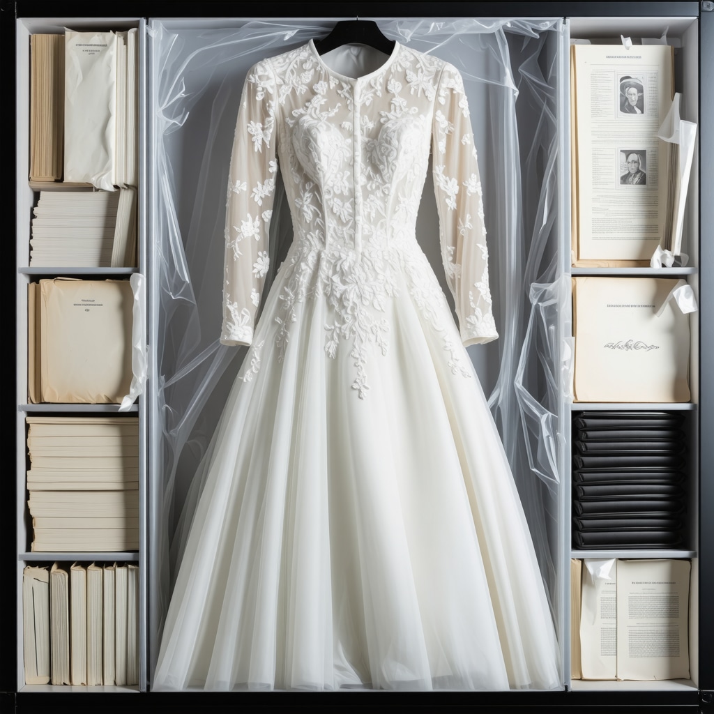 Vintage wedding gown in climate-controlled storage with archival materials