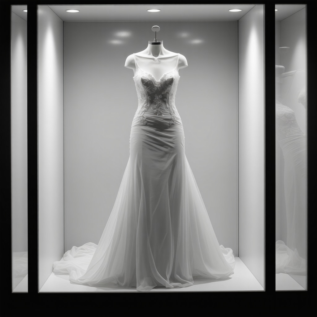 Wedding dress in climate-controlled preservation box with humidity sensor and eco-friendly packaging