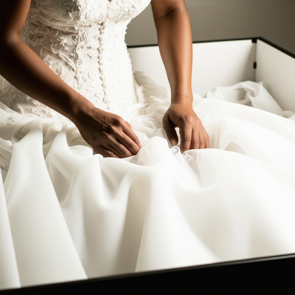 A detailed view of a wedding gown stored in acid-free preservation materials, emphasizing expert care.