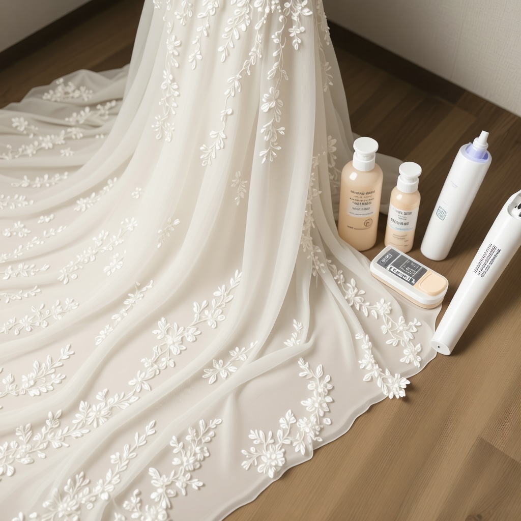 Close-up of delicate lace wedding dress fabric alongside eco-friendly cleaning supplies and laser restoration equipment