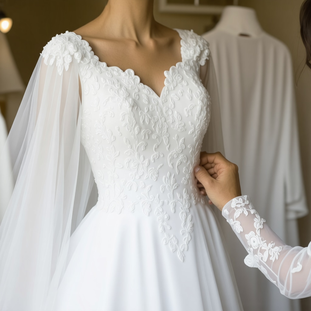 Vintage wedding gown undergoing non-invasive inspection with specialized imaging tools.