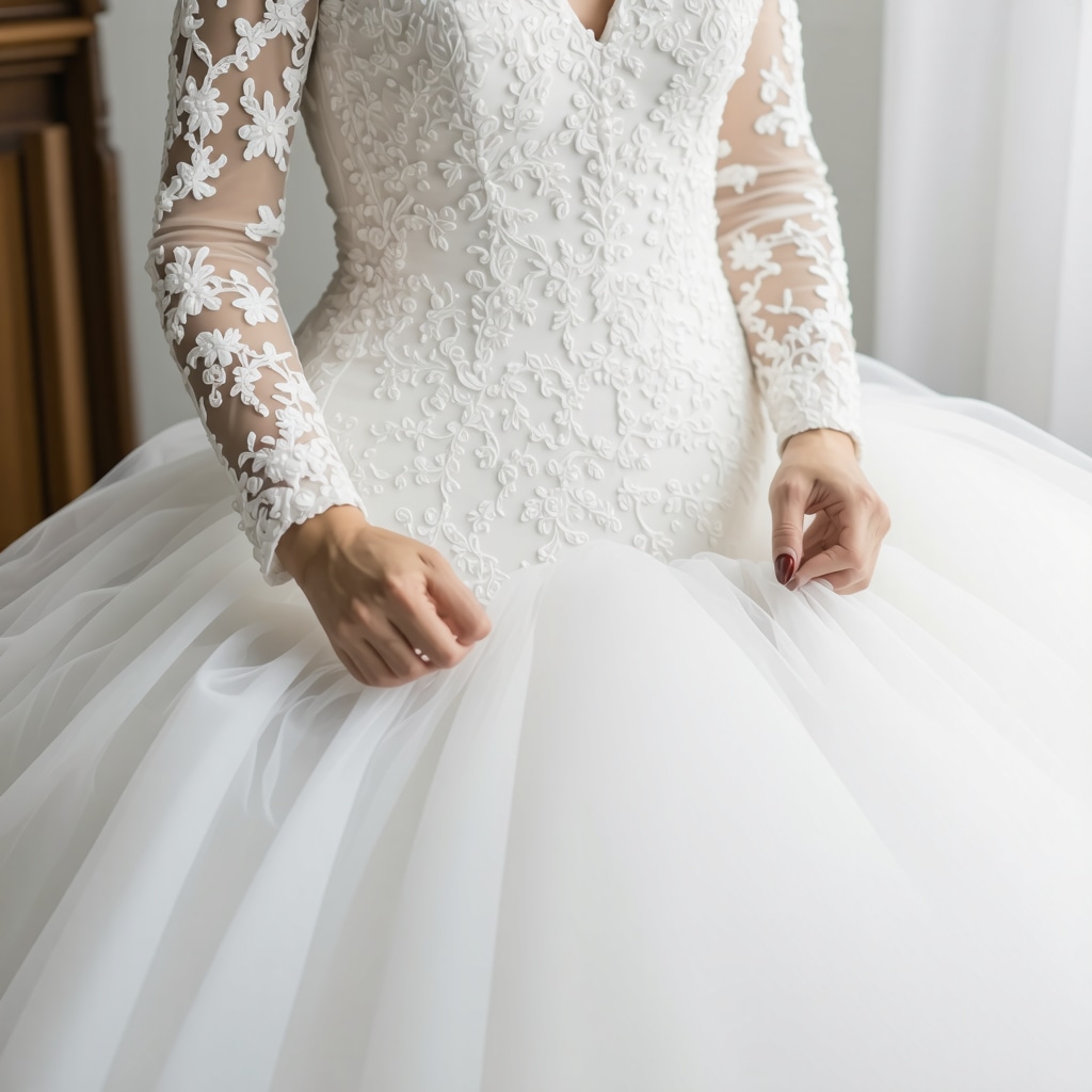 Expert handling of vintage wedding gown with preservation materials.
