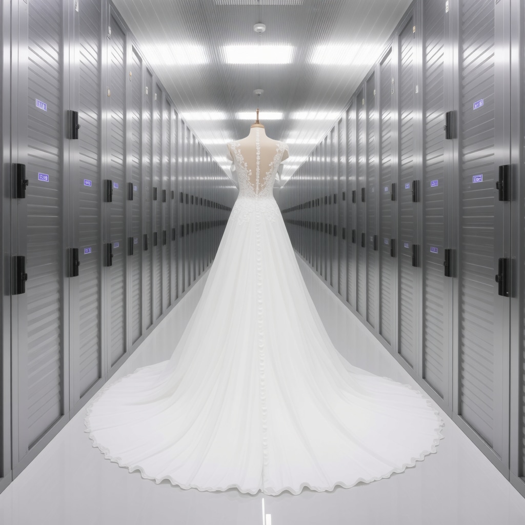 Climate-controlled storage room with wedding gowns in archival boxes and environmental monitors