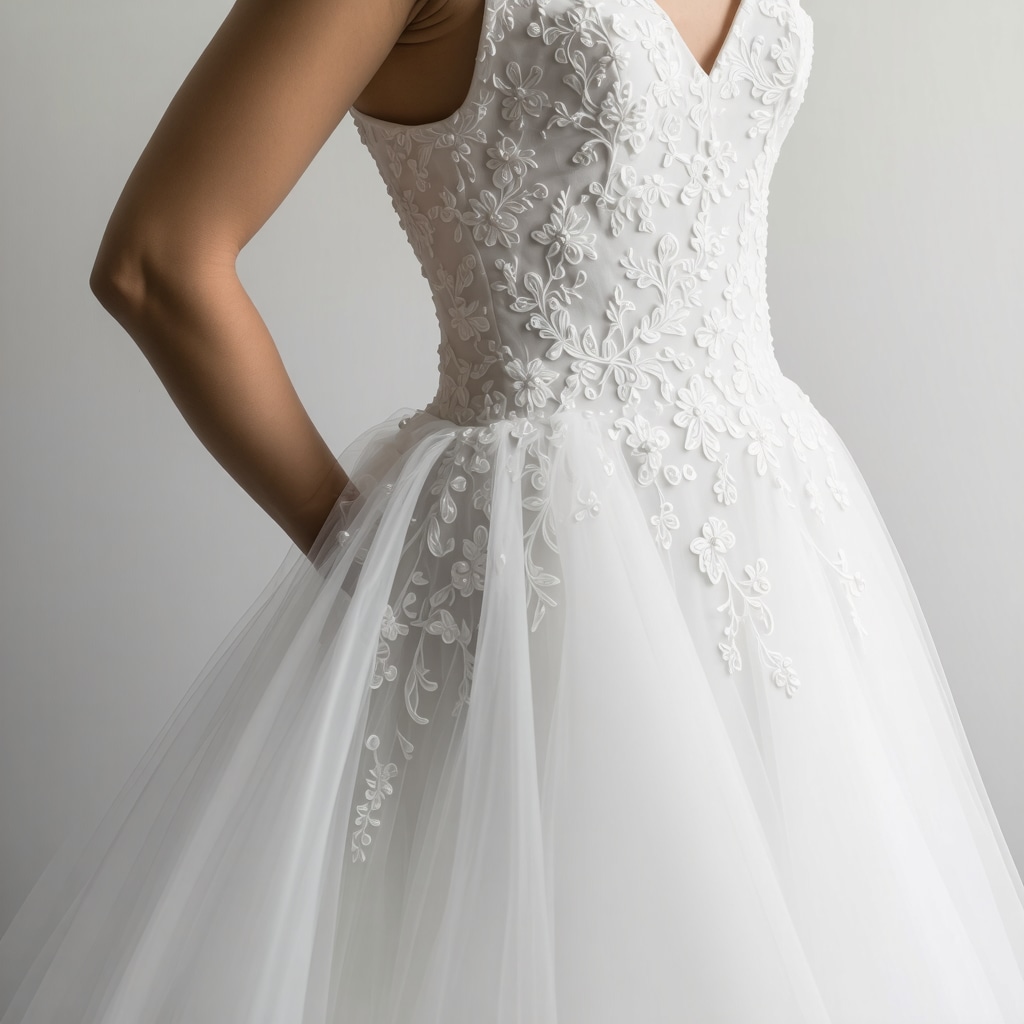 Specialist inspecting wedding gown under UV light with advanced cleaning tools in Tampa